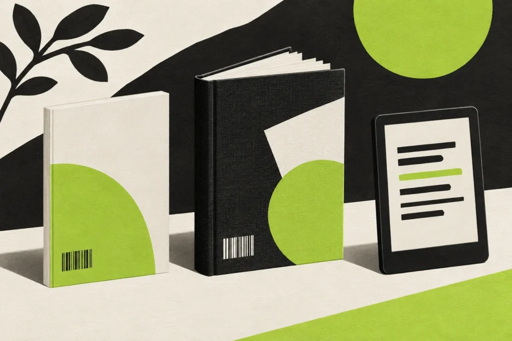 Illustration av en pocketbok, en inbunden bok och en läsplatta.